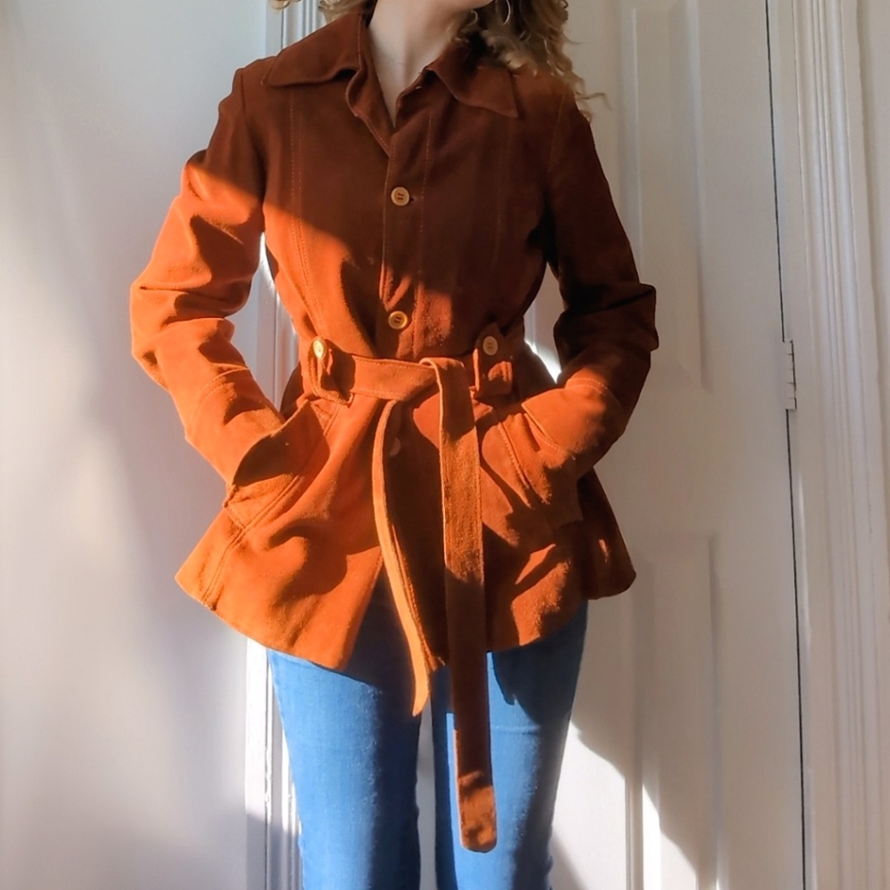 genuine suede leather pumpkin orange belted trenchcoat